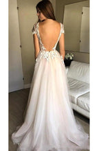 Load image into Gallery viewer, Cap Sleeve Deep V Neck Prom Dress with Appliques Backless Split Wedding Dresses RS634