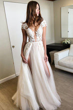 Load image into Gallery viewer, Cap Sleeve Deep V Neck Prom Dress with Appliques Backless Split Wedding Dresses RS634