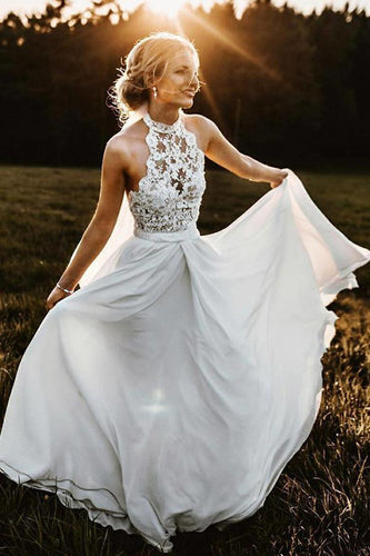 Charming Lace White Halter Long Wedding Dresses Chiffon Beach Bridal Dresses RS615