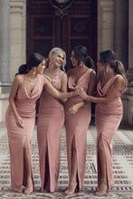 Load image into Gallery viewer, Charming Sheath V Neck Prom Dresses Slit Pink Long Bridesmaid Dresses RS515