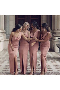 Charming Sheath V Neck Prom Dresses Slit Pink Long Bridesmaid Dresses RS515