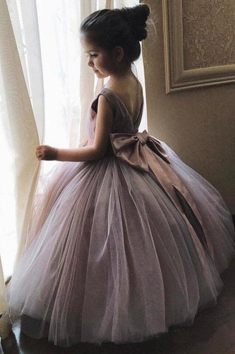 Cheap Cute Ball Gown Mauve Tulle Flower Girl Dresses with Bow on the Back Baby Dresses FG1002