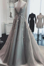 Load image into Gallery viewer, Chic A Line Silver Tulle Prom Dresses V Neck Lace Appliques Long Formal Dresses PW978