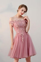 Load image into Gallery viewer, Chic A line Off the Shoulder Tulle Pink Beads Homecoming Dresses with Flowers H1019