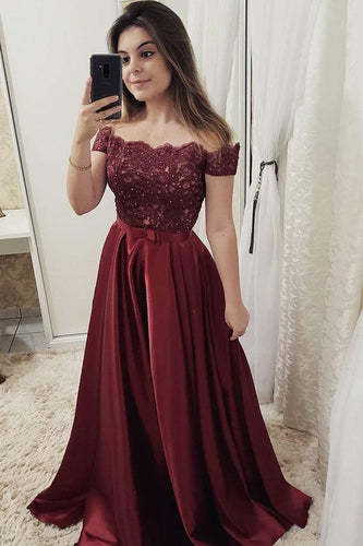 Chic Burgundy Off the Shoulder Floor Length Satin Lace Prom Dresses with Beads RS629