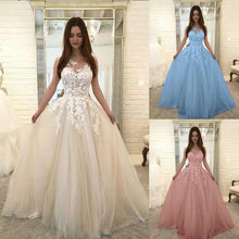 Load image into Gallery viewer, Chic Ivory Lace Appliques Straps Wedding Dresses with Tulle Cheap Prom Dresses P1025