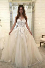 Load image into Gallery viewer, Chic Ivory Lace Appliques Straps Wedding Dresses with Tulle Cheap Prom Dresses P1025