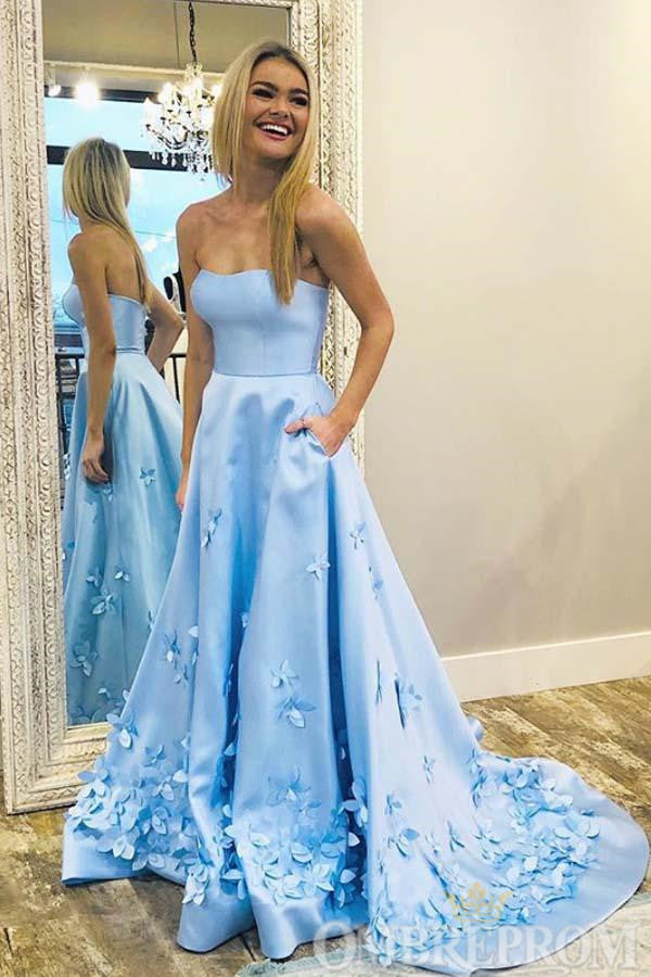 Chic Light Blue A Line Strapless Prom Dresses with Appliques