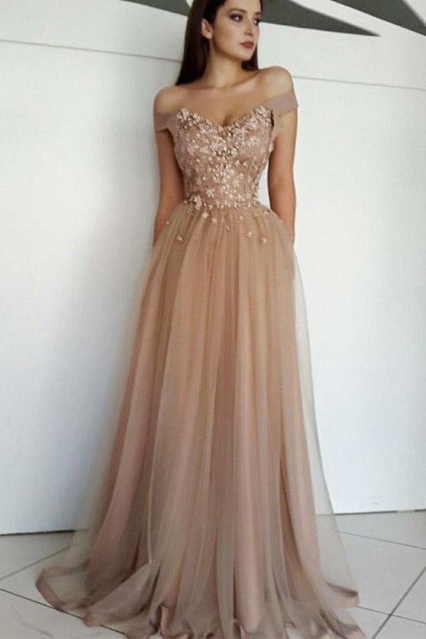 Chic Off the Shoulder Tulle Prom Dresses with Beads Long Sweetheart Evening Dress RS639