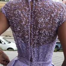 Load image into Gallery viewer, Chic Satin Short Sleeve Scoop Split Beads Purple Slit Open Back Long Prom Dresses RS61