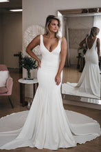 Load image into Gallery viewer, Chic V Neck Mermaid Wedding Dresses Ivory Satin Long Cheap Beach Wedding Gowns W1031