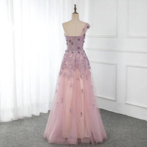 One Shoulder Tulle Sleeveless Long Prom Dresses Lace Appliques Beaded Formal Girl Party Gown