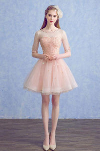 Cute A Line Half Sleeve Pink Round Neck Tulle Homecoming Dresses with Lace Prom Dress RS823