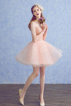 Load image into Gallery viewer, Cute A Line Half Sleeve Pink Round Neck Tulle Homecoming Dresses with Lace Prom Dress RS823