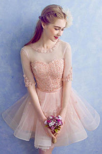Cute A Line Half Sleeve Pink Round Neck Tulle Homecoming Dresses with Lace Prom Dress RS823