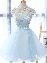 Load image into Gallery viewer, Cute A Line Light Blue High Neck Cap Sleeve Homecoming Dresses with Tulle Flowers H1074