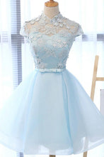Load image into Gallery viewer, Cute A Line Light Blue High Neck Cap Sleeve Homecoming Dresses with Tulle Flowers H1074
