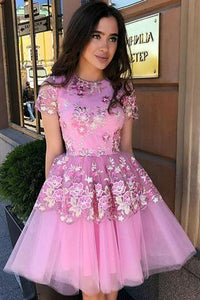 Cute Blue Floral Prints Tulle Short Sleeves A Line Homecoming Graduation Dresses RS862