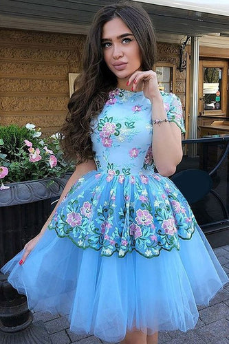 Cute Blue Floral Prints Tulle Short Sleeves A Line Homecoming Graduation Dresses RS862