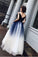 Cute Blue Ombre Long Tulle Prom Dress Unique V Neck Sleeveless Dance Dresses RS906