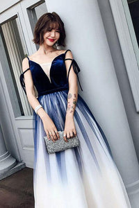Cute Blue Ombre Long Tulle Prom Dress Unique V Neck Sleeveless Dance Dresses RS906