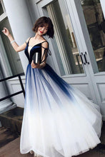 Load image into Gallery viewer, Cute Blue Ombre Long Tulle Prom Dress Unique V Neck Sleeveless Dance Dresses RS906