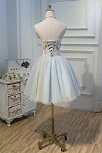 Load image into Gallery viewer, Cute Blue Strapless Tulle Homecoming Dresses with 3D Flowers Lace up Dance Dresses H1336