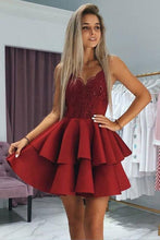 Load image into Gallery viewer, Cute Burgundy V Neck Spaghetti Straps Above Knee Short Homecoming Dresses RS762