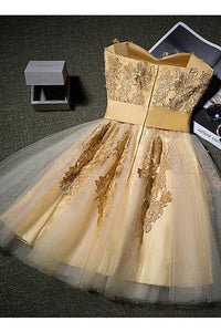 Cute Gold Strapless Mini Homecoming Dresses with Appliques Sweetheart Cocktail Dress RS941