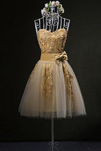 Load image into Gallery viewer, Cute Gold Strapless Mini Homecoming Dresses with Appliques Sweetheart Cocktail Dress RS941