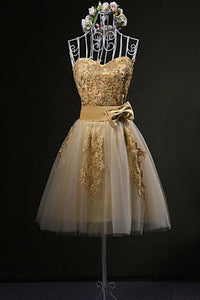 Cute Gold Strapless Mini Homecoming Dresses with Appliques Sweetheart Cocktail Dress RS941
