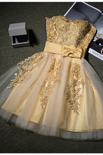 Load image into Gallery viewer, Cute Gold Strapless Mini Homecoming Dresses with Appliques Sweetheart Cocktail Dress RS941