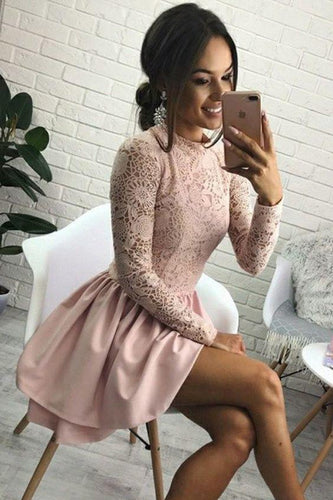 Cute Jewel Long Sleeve Short Pink Homecoming Dress with Lace Bodice Short Dress RS856