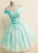 Load image into Gallery viewer, Cute Lace Appliques Satin V Neck Off the Shoulder Homecoming Dresses H1232