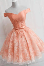 Load image into Gallery viewer, Cute Lace Appliques Satin V Neck Off the Shoulder Homecoming Dresses H1232