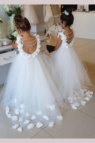 Cute Off White Tulle Backless Flower Girl Dresses with Pearl Lace Baby Dresses RS878