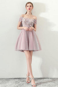 Cute Off the Shoulder Short Sleeve Tulle Above Knee Homecoming Dresses RS821