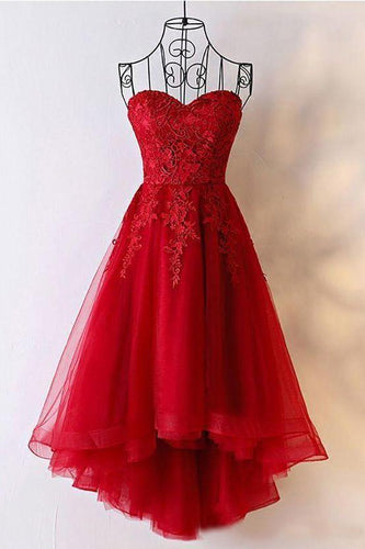 Cute Red Tulle Sweetheart Strapless Homecoming Dresses with Lace Short Prom Dresses RS834