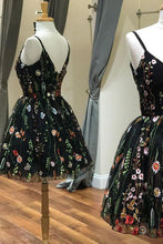 Load image into Gallery viewer, Cute Straps Black Embroidery Floral V Neck Short Homecoming Dress Short Prom Dress RS889
