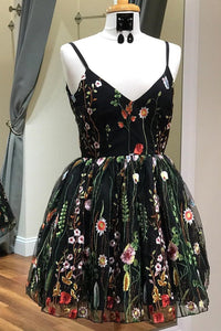 Cute Straps Black Embroidery Floral V Neck Short Homecoming Dress Short Prom Dress RS889