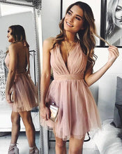 Load image into Gallery viewer, Cute V Neck Above Knee Pink Ruffles Tulle Short Prom Dresses Homecoming Dresses H1113