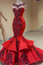 Load image into Gallery viewer, Unique Mermaid Embroidery Red Satin Sequins Scoop Long Prom Dresses RS26