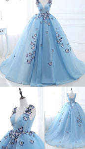Ball Gown Long Sky Blue Butterfly V Neck Appliques Lace up Prom Quinceanera Dresses RS848