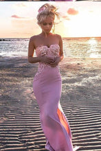 Load image into Gallery viewer, Sexy Mermaid Sweetheart Pink Strapless Satin Sleeveless Prom Dress with Applique Split RS804