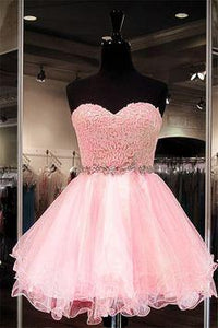 2024 Lace Short Blush Pink Strapless Sweetheart Sweet 16 Dress Homecoming Dresses H28