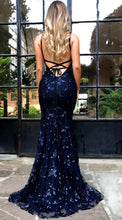 Load image into Gallery viewer, Mermaid Deep V Neck Royal Blue Lace Appliques Backless Spaghetti Straps Prom Dresses RS893