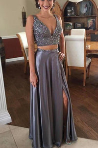 Sexy A Line Two Pieces V Neck Satin Split Side With Beading Prom Dresses RS42