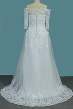 Load image into Gallery viewer, A Line White Off the Shoulder Half Sleeves Lace Appliques Tulle Wedding Dresses RS817