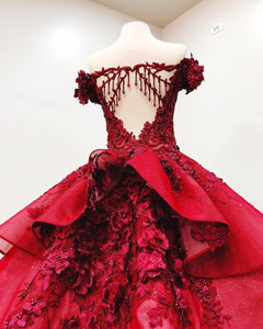 2024 Chic Ball Gown V Neck Beads Appliques Red Off-the-Shoulder Long Prom Dresses RS139