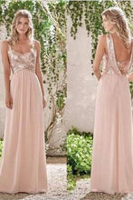 Load image into Gallery viewer, Rose Gold A-Line Spaghetti Straps Backless Sequins Chiffon Bridesmaid Dress RS531